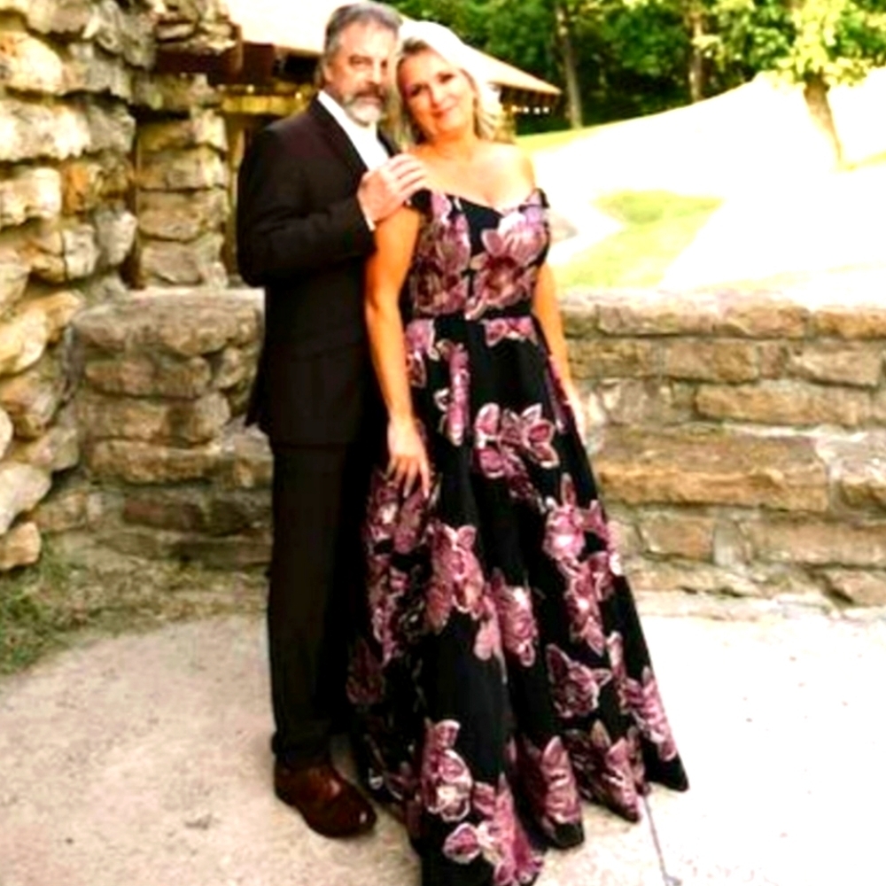 Jovani Black Off the Shoulder Sequin Floral Dress Mother of Bride Flare Luxury